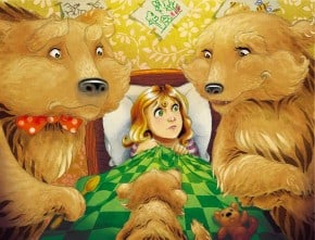 Goldilocks sleeps between two curious bears