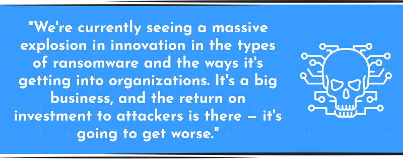 “We’re currently seeing a massive explosion in innovation in the types of ransomware and the ways it’s getting into organizations. It’s a big business, and the return on investment to attackers is there — it’s going to get worse.”